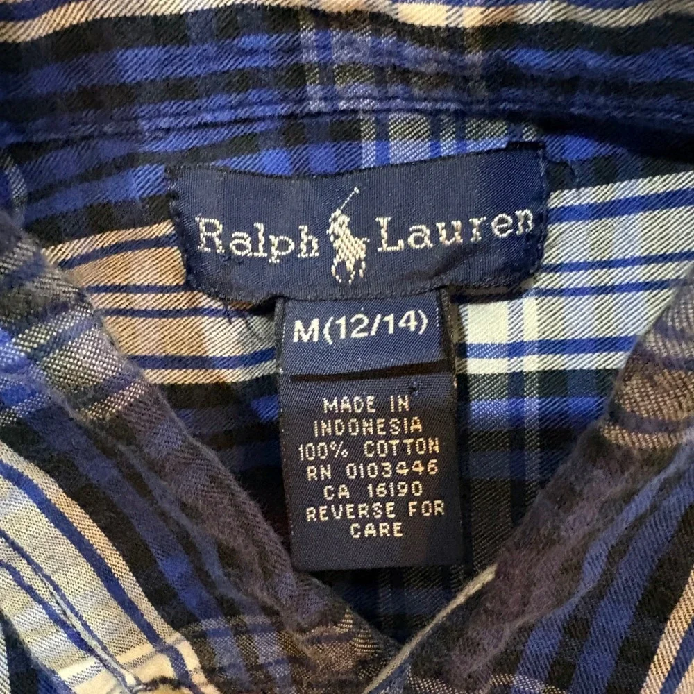 Ralph Lauren Boys Blue White Plaid Button Down Shirt Size M 12-14 Long‎ Sleeve